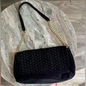 Zara Oversized trendy city black suede shoulder bag with gold studs chain strap